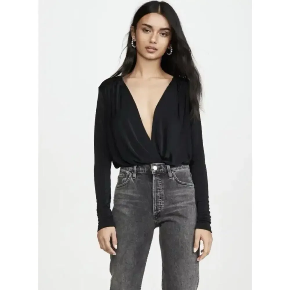 Free People‎ Intimately Turnt Bodysuit Womens S Black Surplice Long Sleeve Thong